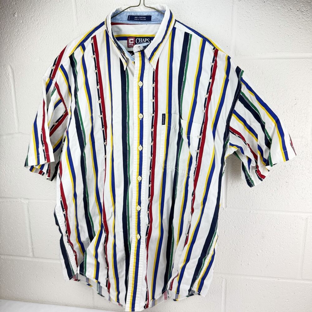 Vintage Chaps Ralph Lauren Men L Golf Clubs Button Down Shirt Striped, 25x33